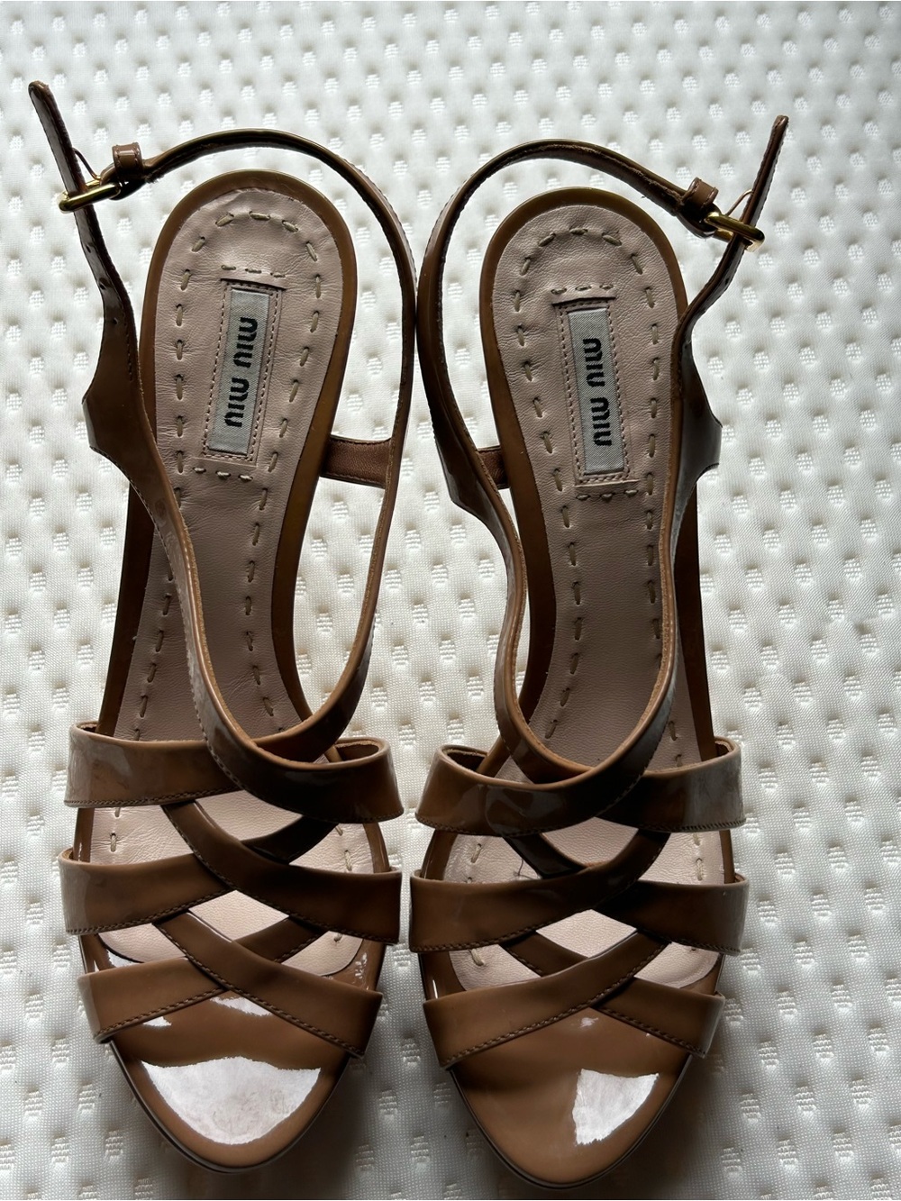 Miu Miu Patent Leather Strappy Platform Sandals Heels Tan Brown 38.5 Italy